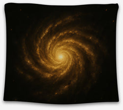 Golden Spiral tapestry featuring a snow-covered cabin under a fiery red winter sunset
