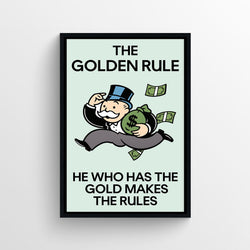 Golden Rule Mindset Monopoly mint wall art poster with a cartoon tycoon character.