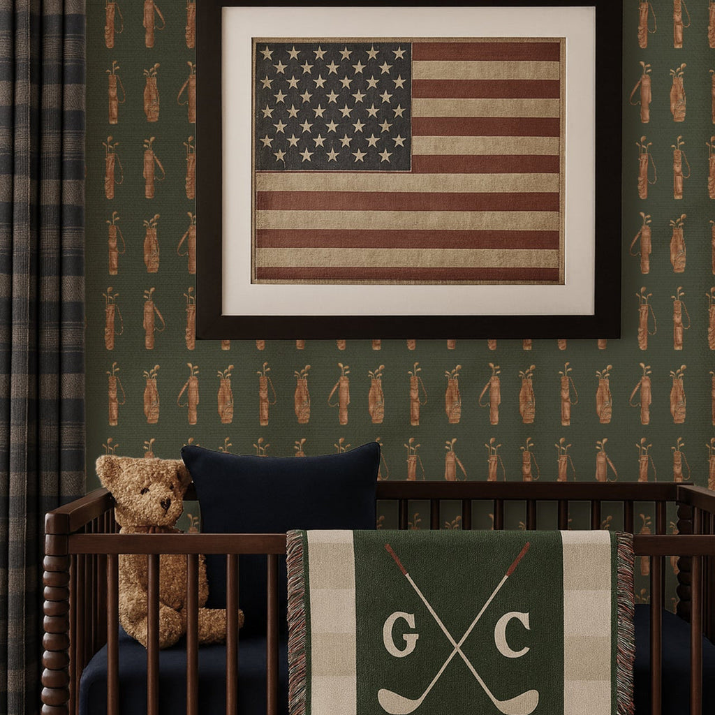 Traditional Woods wallpaper design in shades of green and brown.