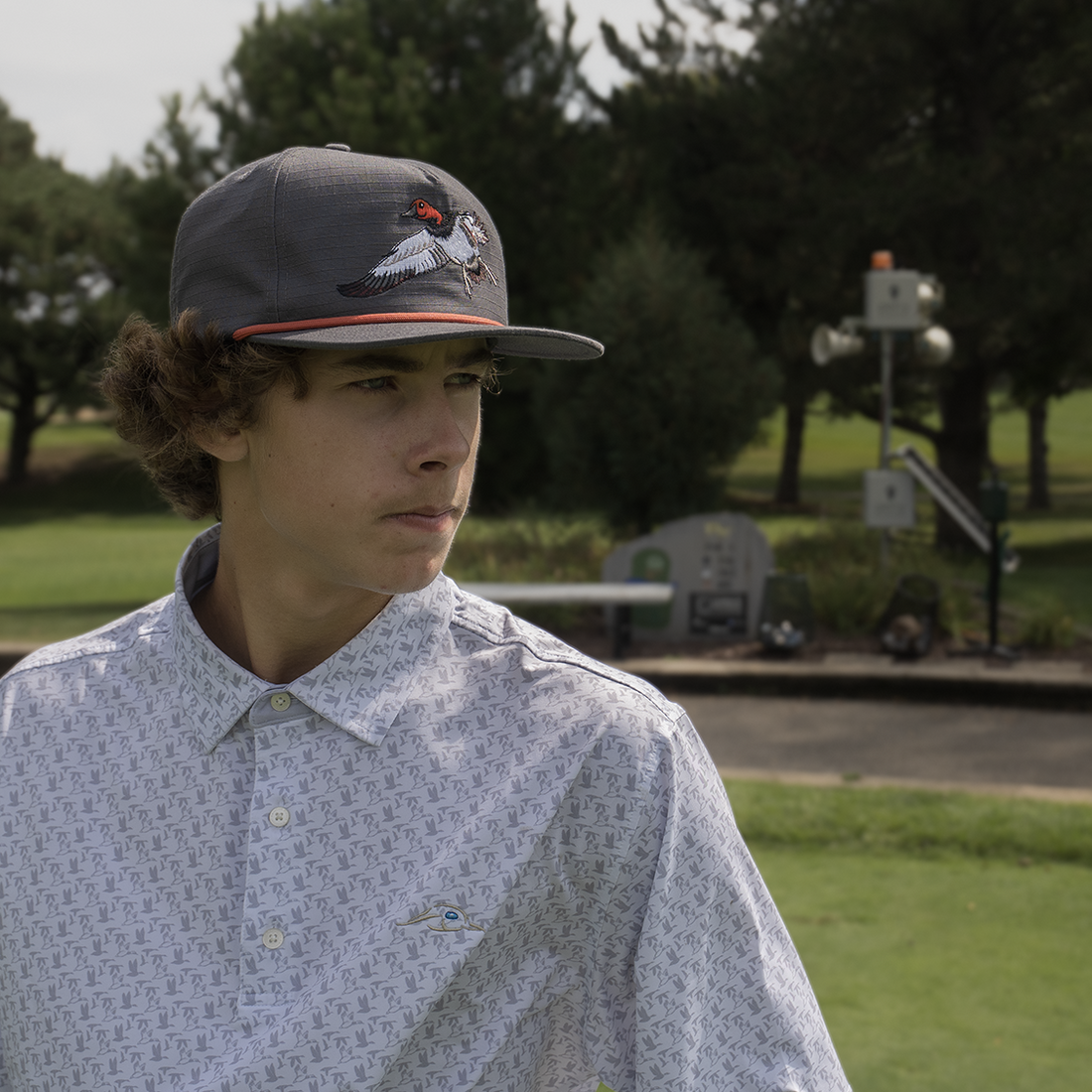 White Polo Shirt with Grey Flying Ducks Print Moisture Wicking