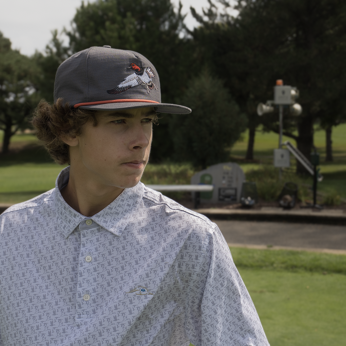 White Polo Shirt with Grey Flying Ducks Print Moisture Wicking