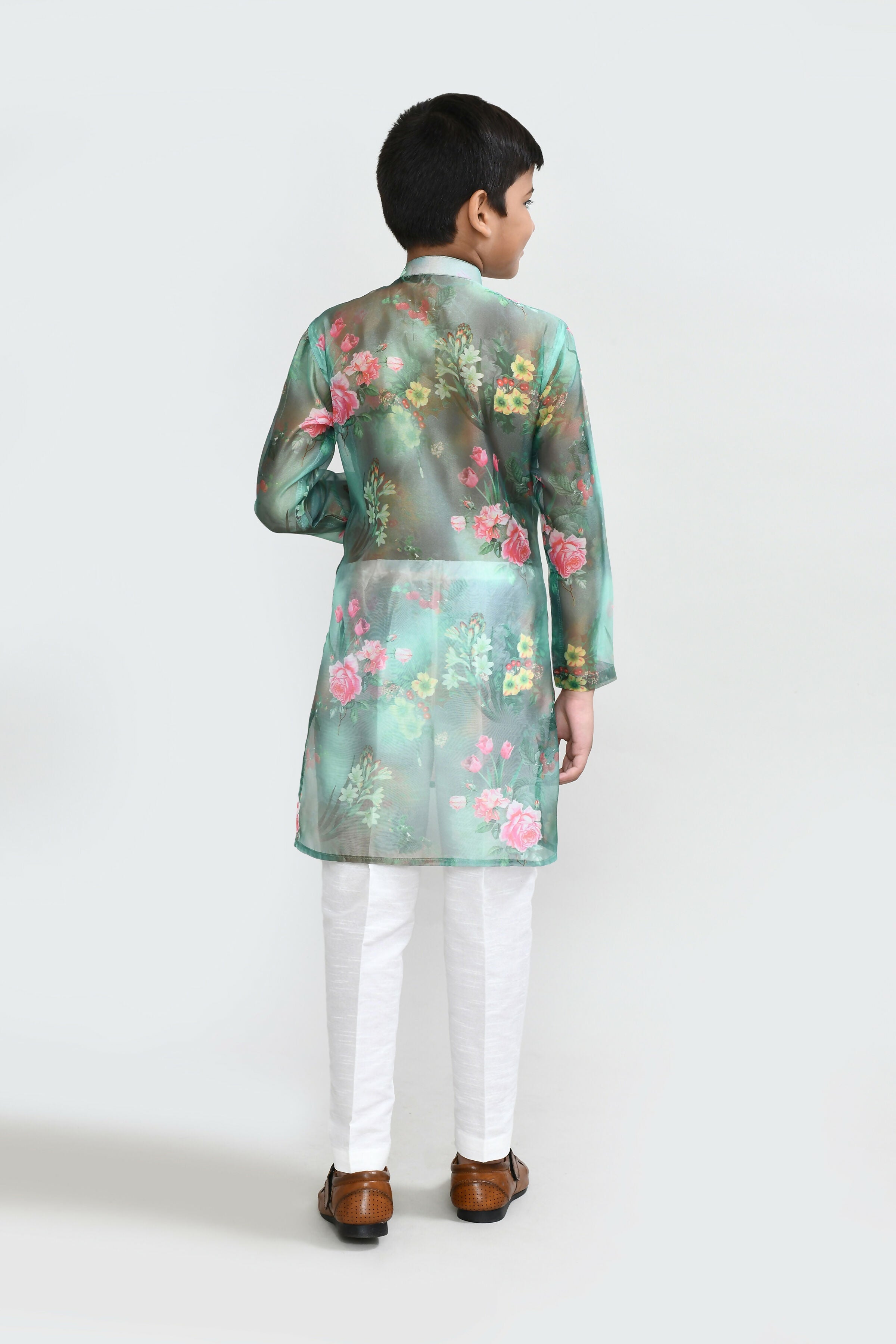 Kids Floral Georgette Green Kurta with White Straight Fit Pants
