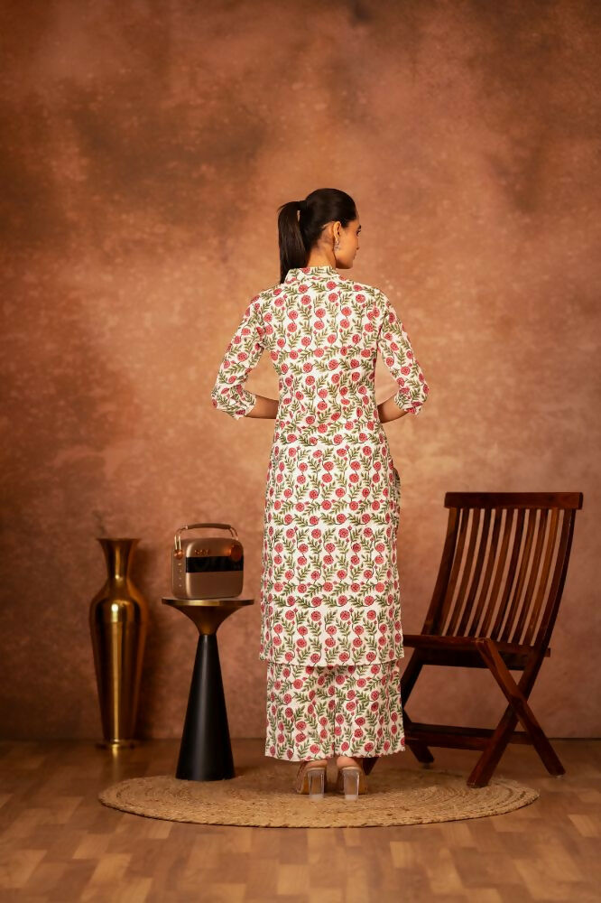 Red Green Hand Block Printed Cotton Suit Set