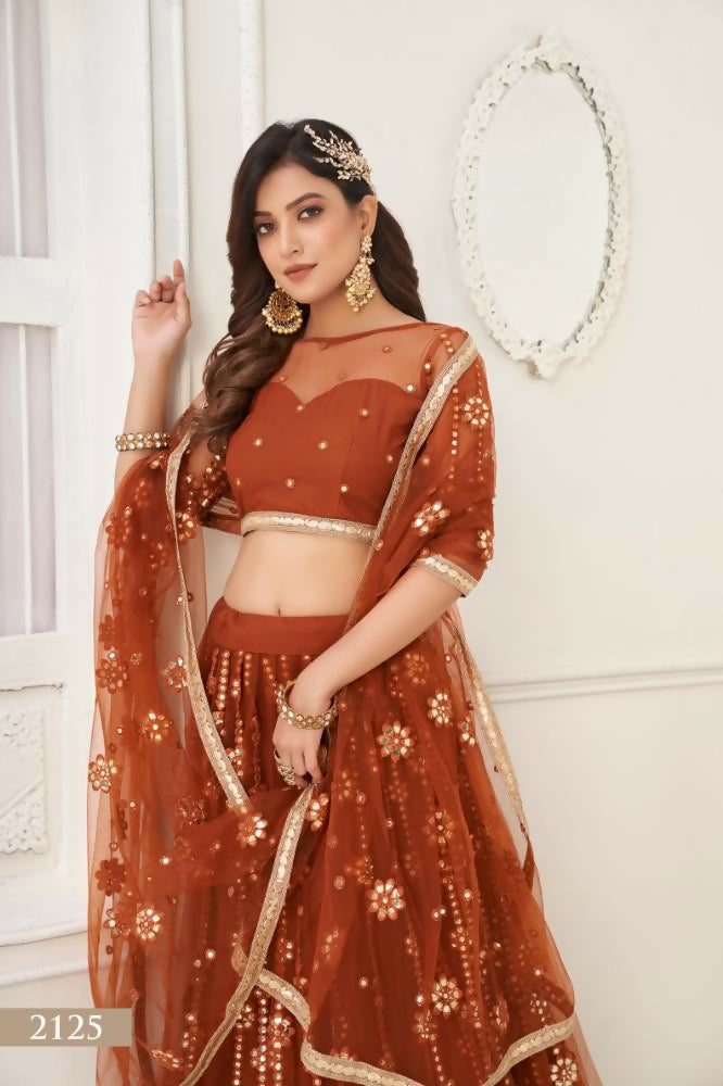 Brown Butterfly Net Lehenga Choli With Mirror Work Embroidery