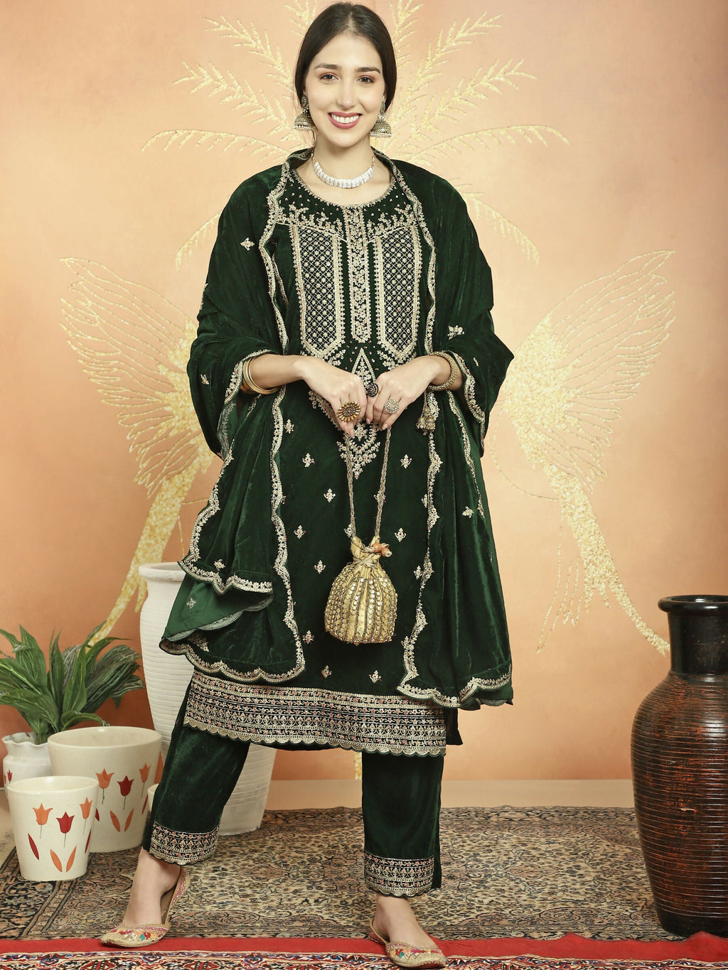 Green Velvet Straight Kurta Set with Cording & Sequin Detail
