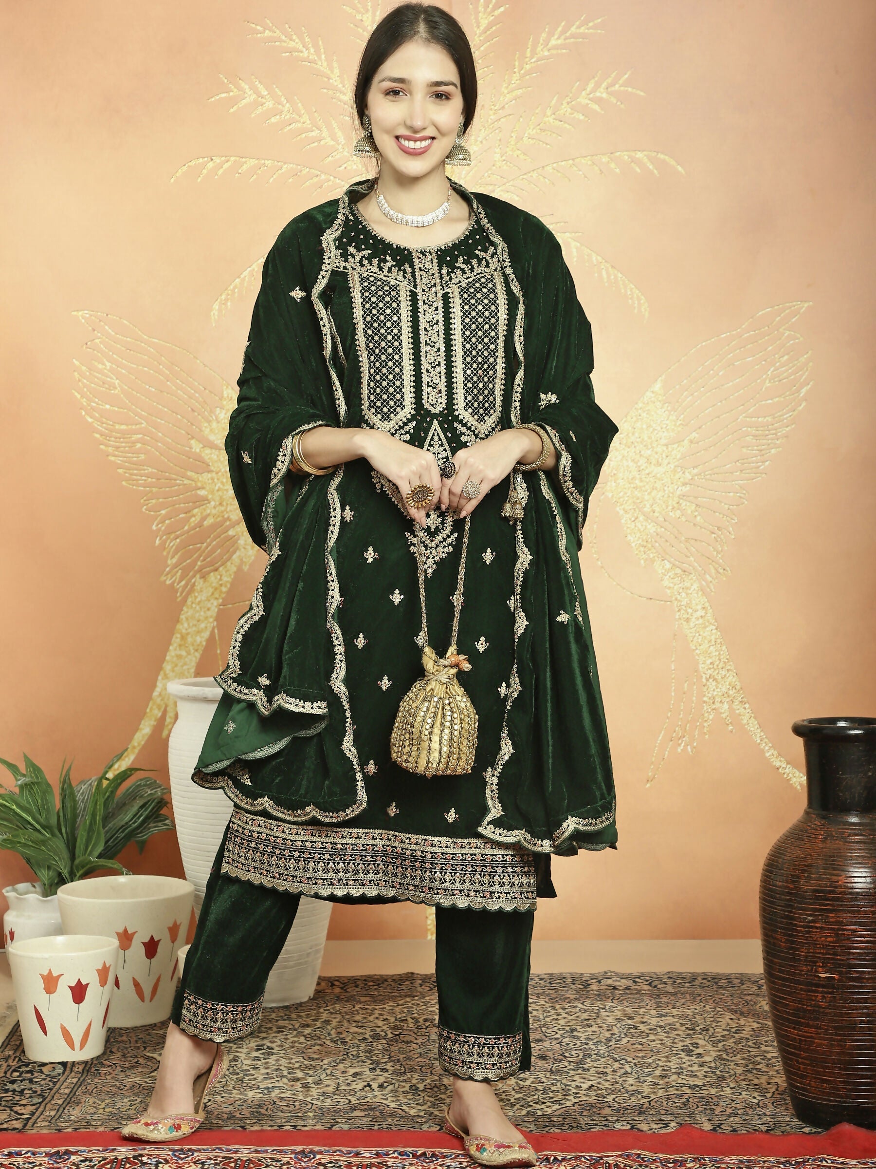 Green Velvet Straight Kurta Set with Cording & Sequin Detail