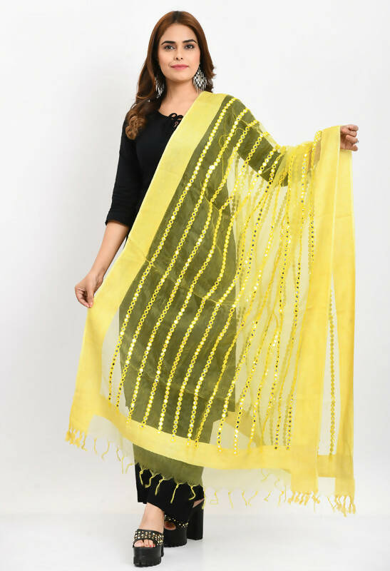 Lemon yellow organza dupatta with mirror stripe embroidery detail