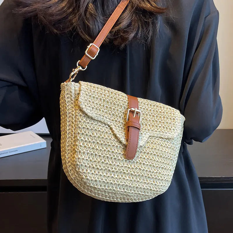 Women's Woven Straw Messenger Bag - Summer Saddle