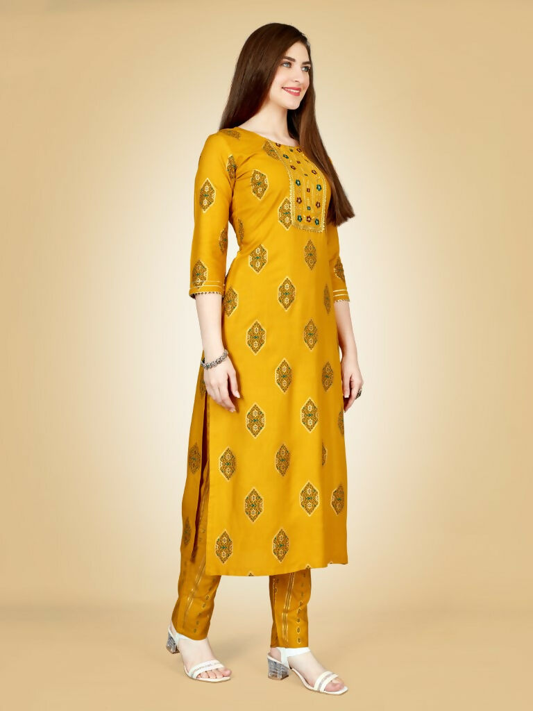 Women's Yellow Viscose Rayon Embroidered Kurta Pant Set