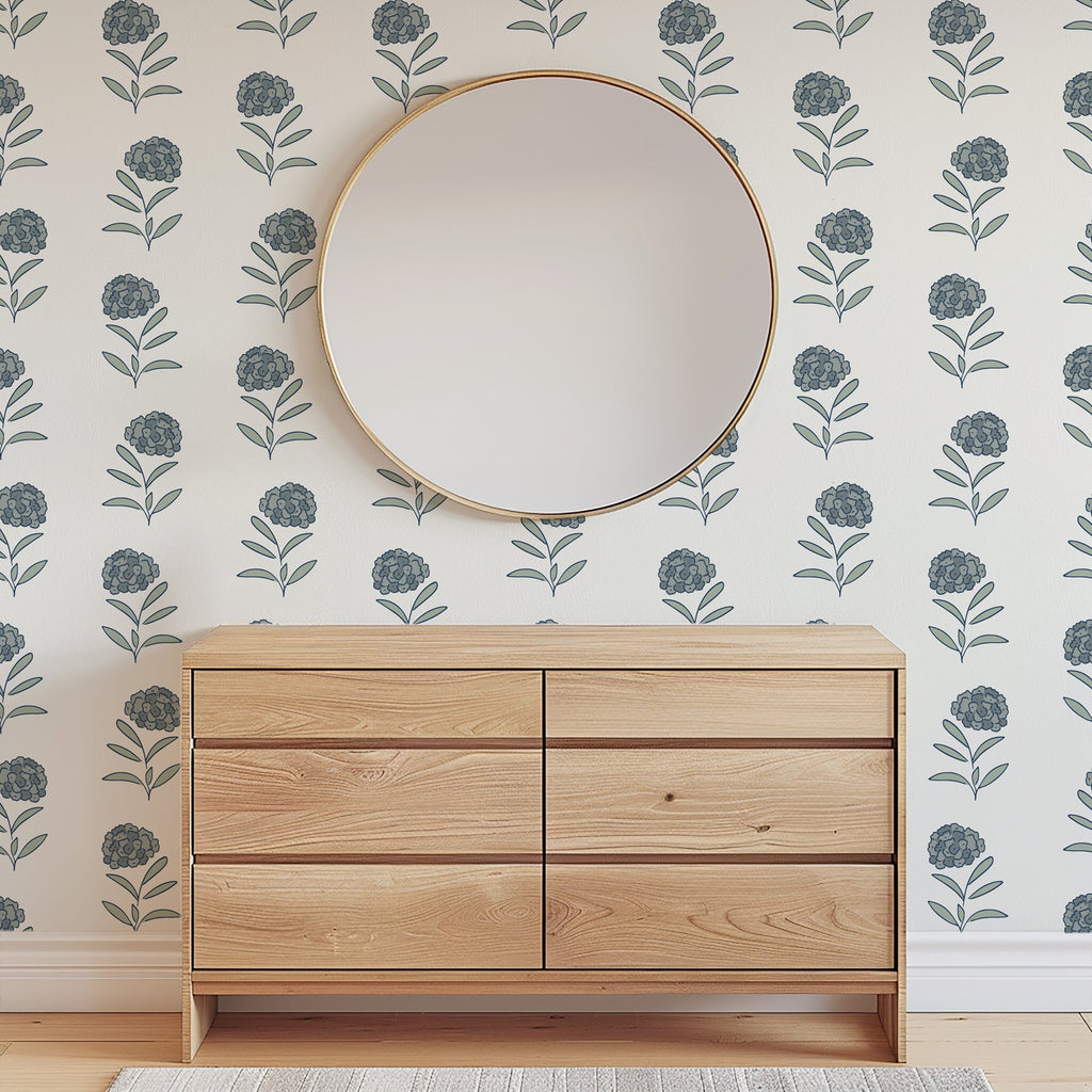 Close up of Harriet floral wallpaper in white and blue, featuring a traditional cottagecore aesthetic.