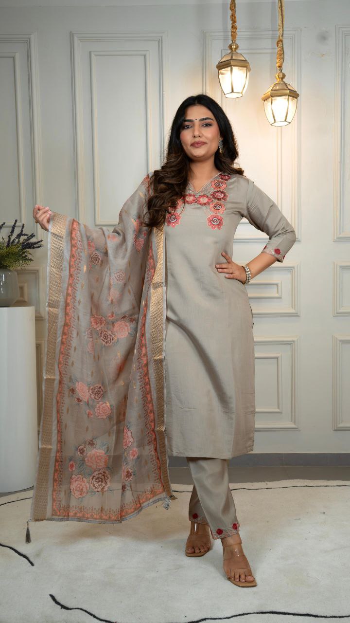 Grey Roman Silk Kurta Pant Set with Embroidery and Sequence