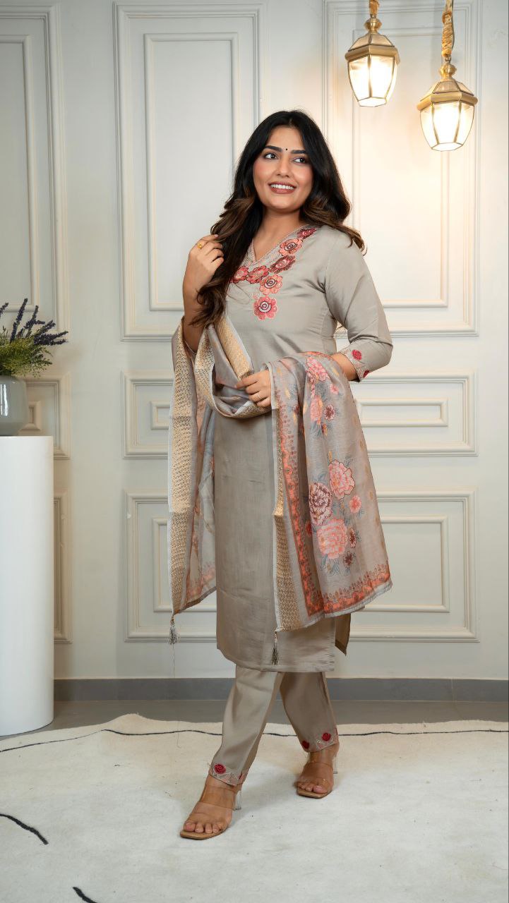 Grey Roman Silk Kurta Pant Set with Embroidery and Sequence