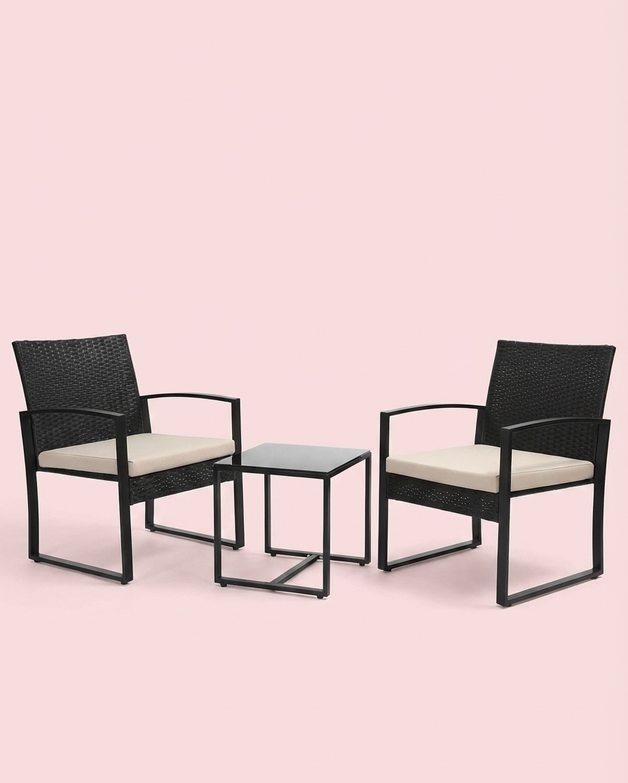 3-Piece Modern Wicker Patio Bistro Set with Beige Cushions