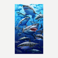 A large, rectangular beach towel featuring a realistic graphic of a great white shark swimming in deep blue ocean water.