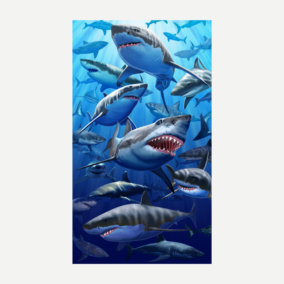 A large, rectangular beach towel featuring a realistic graphic of a great white shark swimming in deep blue ocean water.