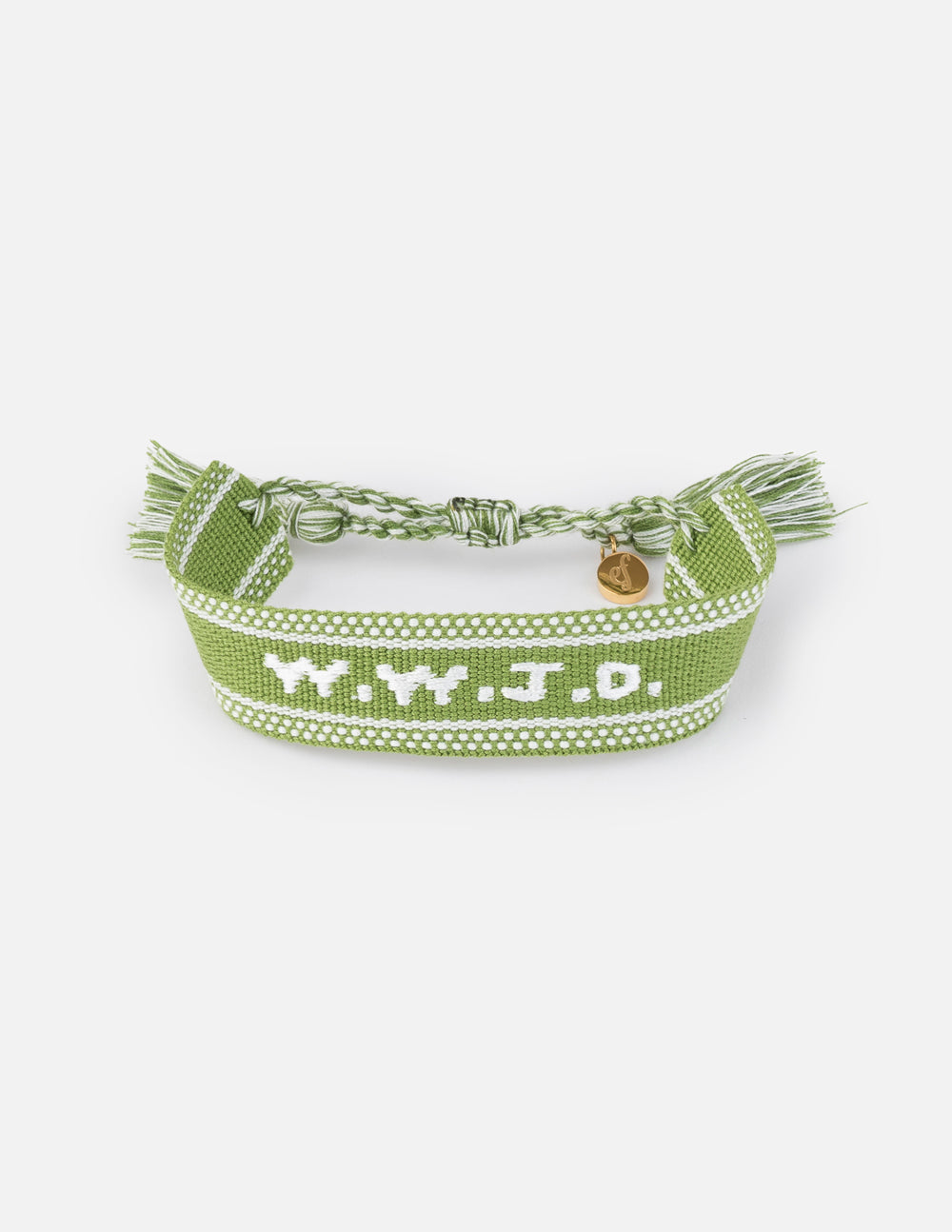 Green woven fabric bracelet with white embroidered WWJD text