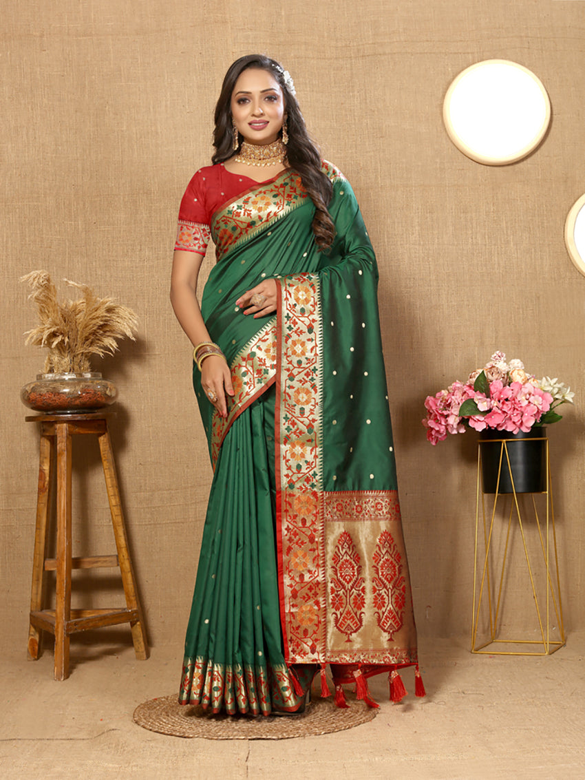 Lorenvalley Fashion Green Soft Paithani Silk Woven Design Rich Meenakari Zari Weaving Pallu Saree