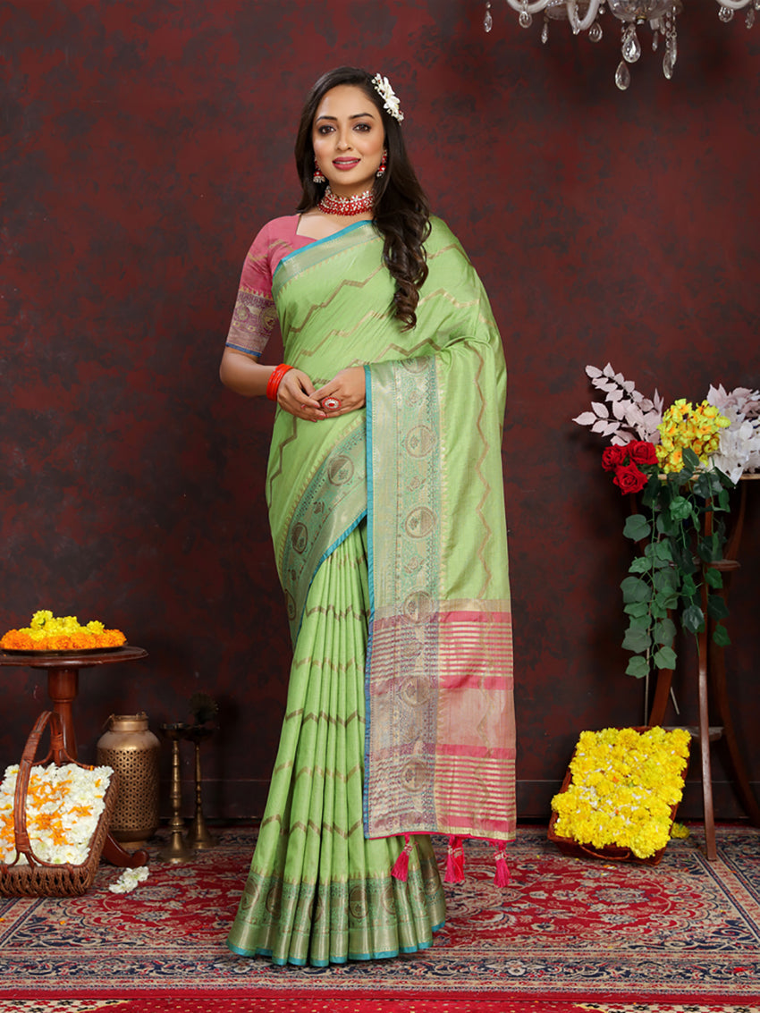 Green Soft Katan Silk Saree featuring an elegant Zari woven pallu