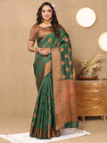 Green Soft Katan Silk Saree with elegant copper Zari weaving.