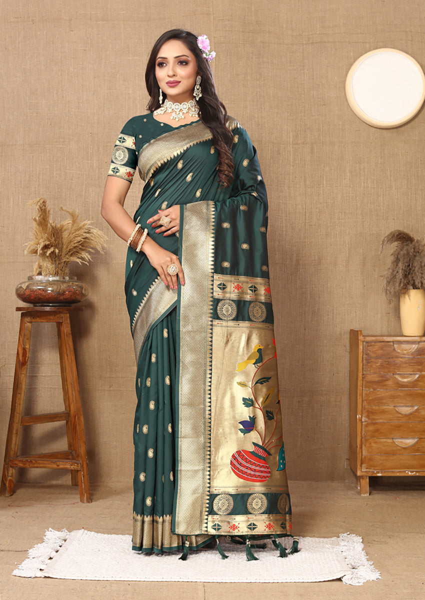 Green soft Paithani silk saree with rich Zari and Meenakari woven floral borders