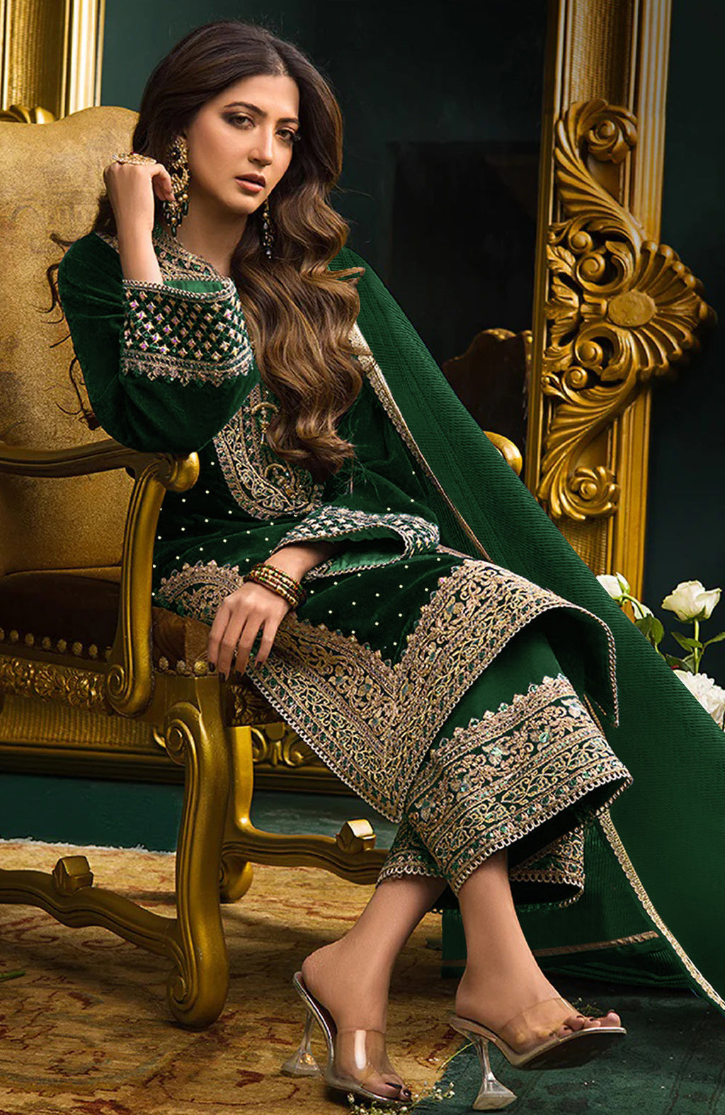 Women Green Velvet Embroidered Unstitched Salwar Suit Material