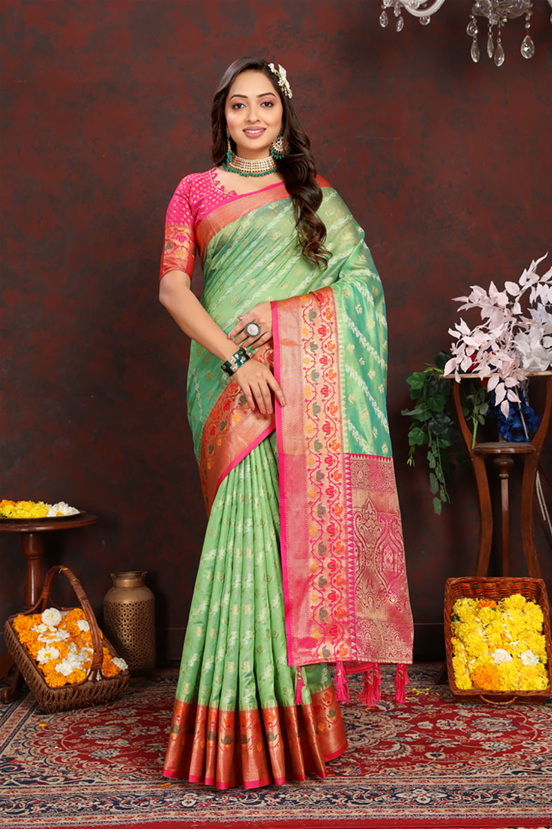 Elegant green organza silk saree with detailed Meenakari woven pallu