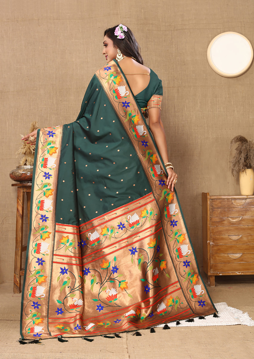 Green Soft Paithani Silk Saree with Rich Zari Meenakari Weaving