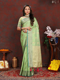 Green Soft Katan Silk saree with detailed Zari weaving pallu and matching silk blouse