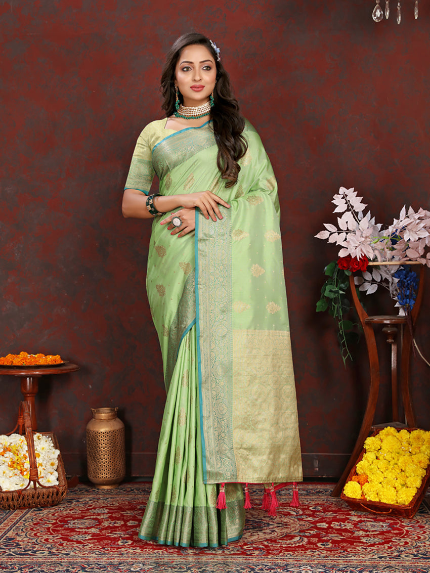 Green Soft Katan Silk saree with detailed Zari weaving pallu and matching silk blouse