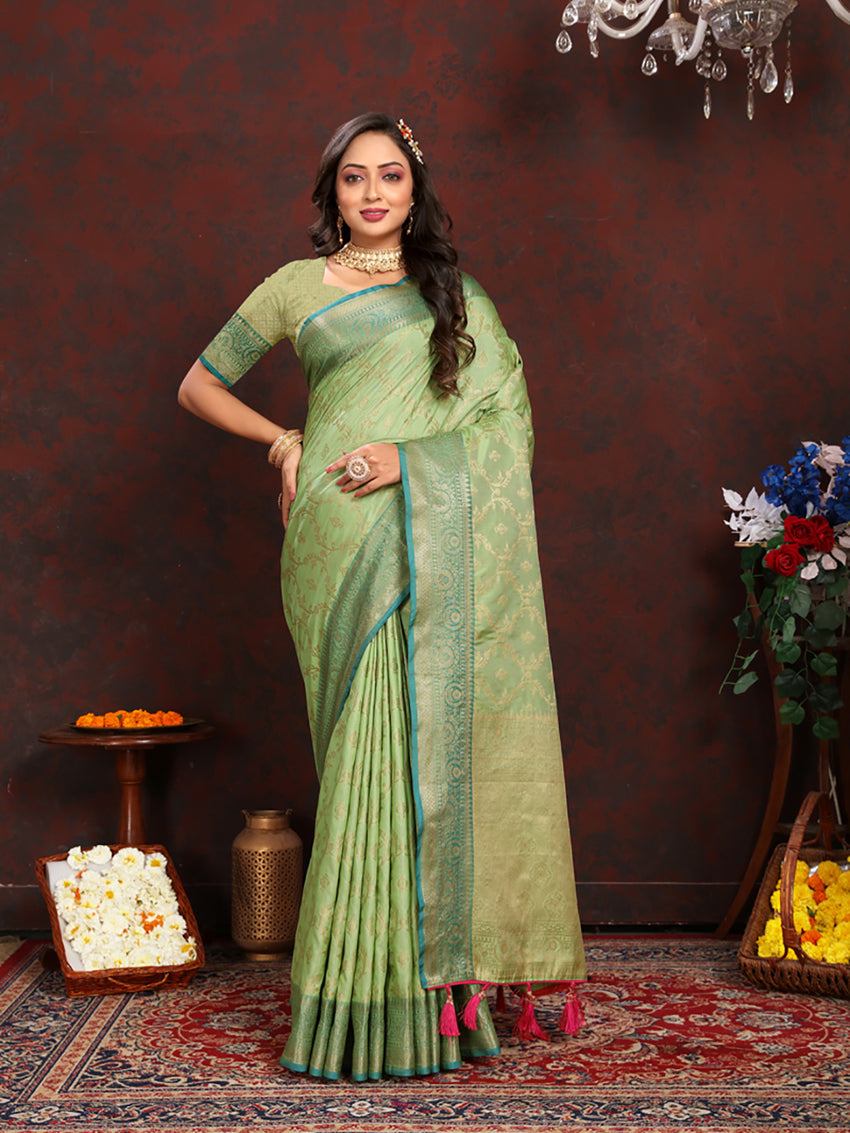 Green Soft Katan Silk saree with elegant Zari woven pallu