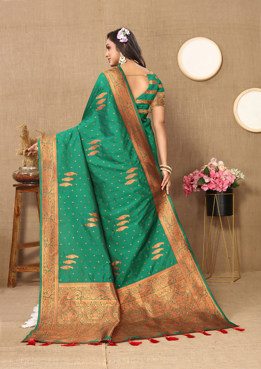 Green Soft Silk Saree with Copper Zari Weaving Design