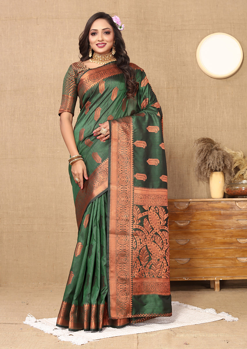 Green Soft Katan silk saree with intricate Copper Zari weaving