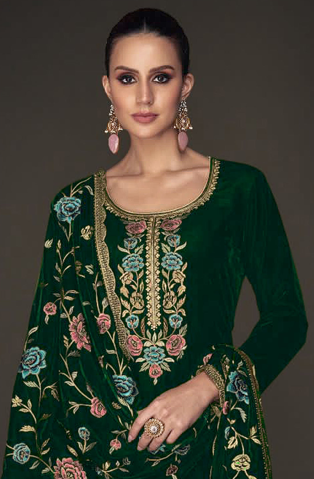 Green Velvet Embroidered Salwar Suit Material with Sequence Work
