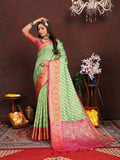 Green Organza silk saree with traditional Meenakari weaving details