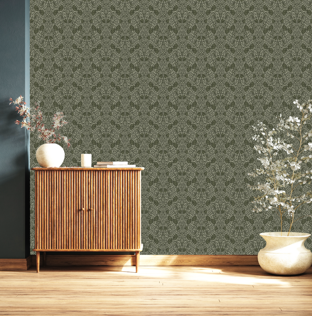 Amberly Floral Wallpaper: Traditional Botanical Green & Cream