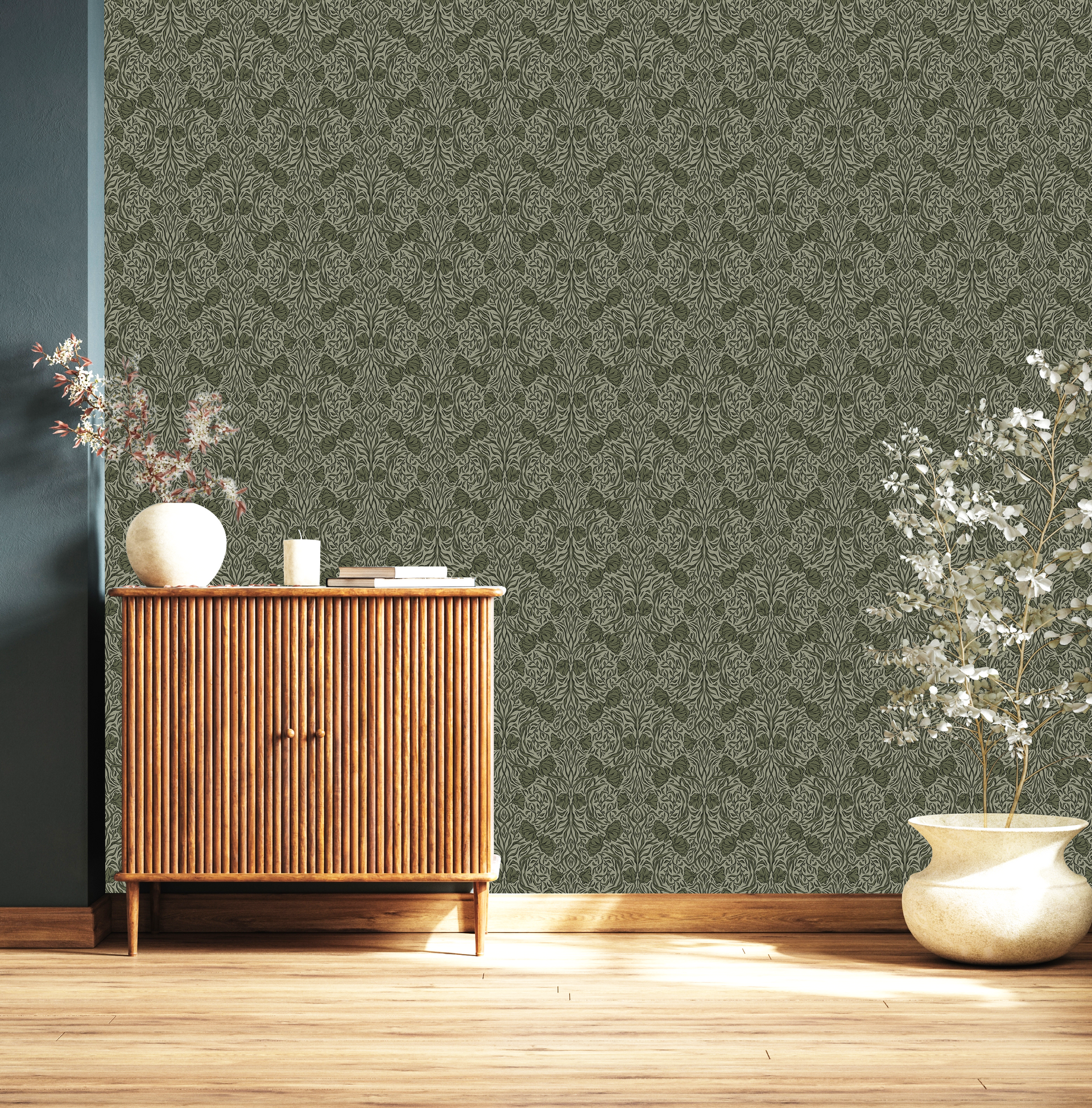 Amberly Floral Wallpaper: Traditional Botanical Green & Cream