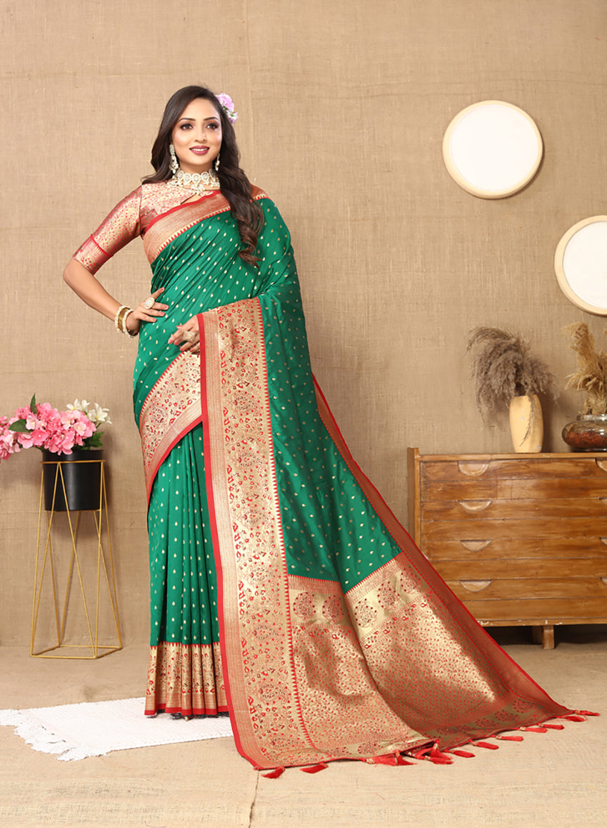 Green Soft Silk Saree with Rich Zari Weaving Design
