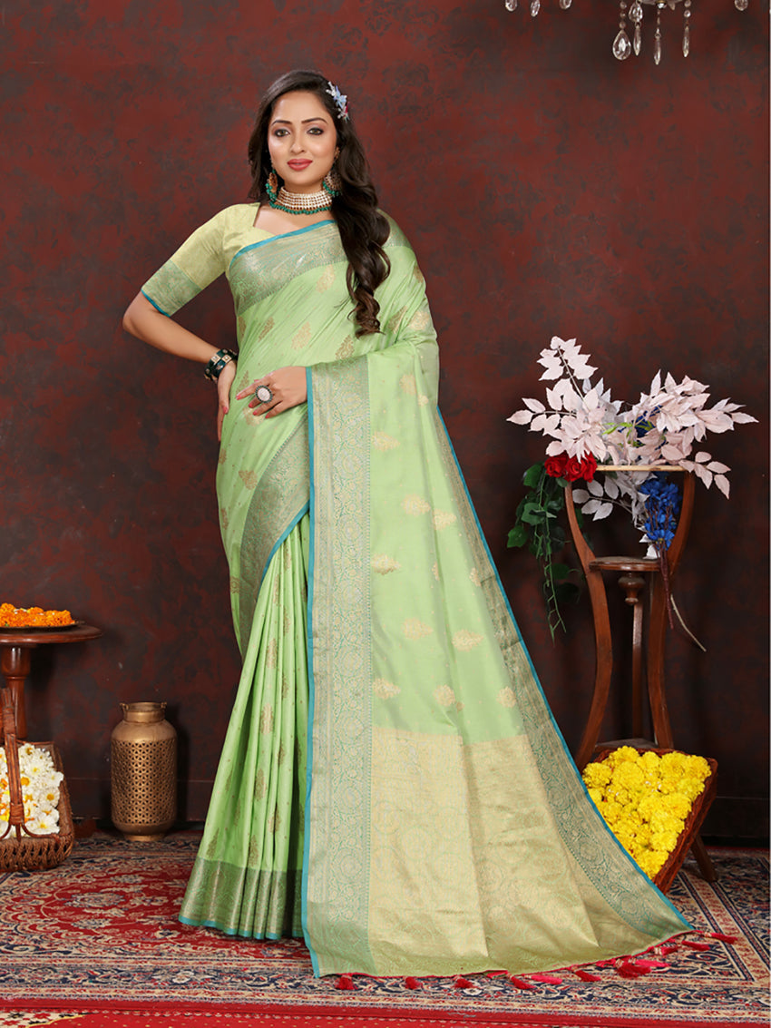 Green Soft Katan Silk Saree with Traditional Zari Woven Pallu