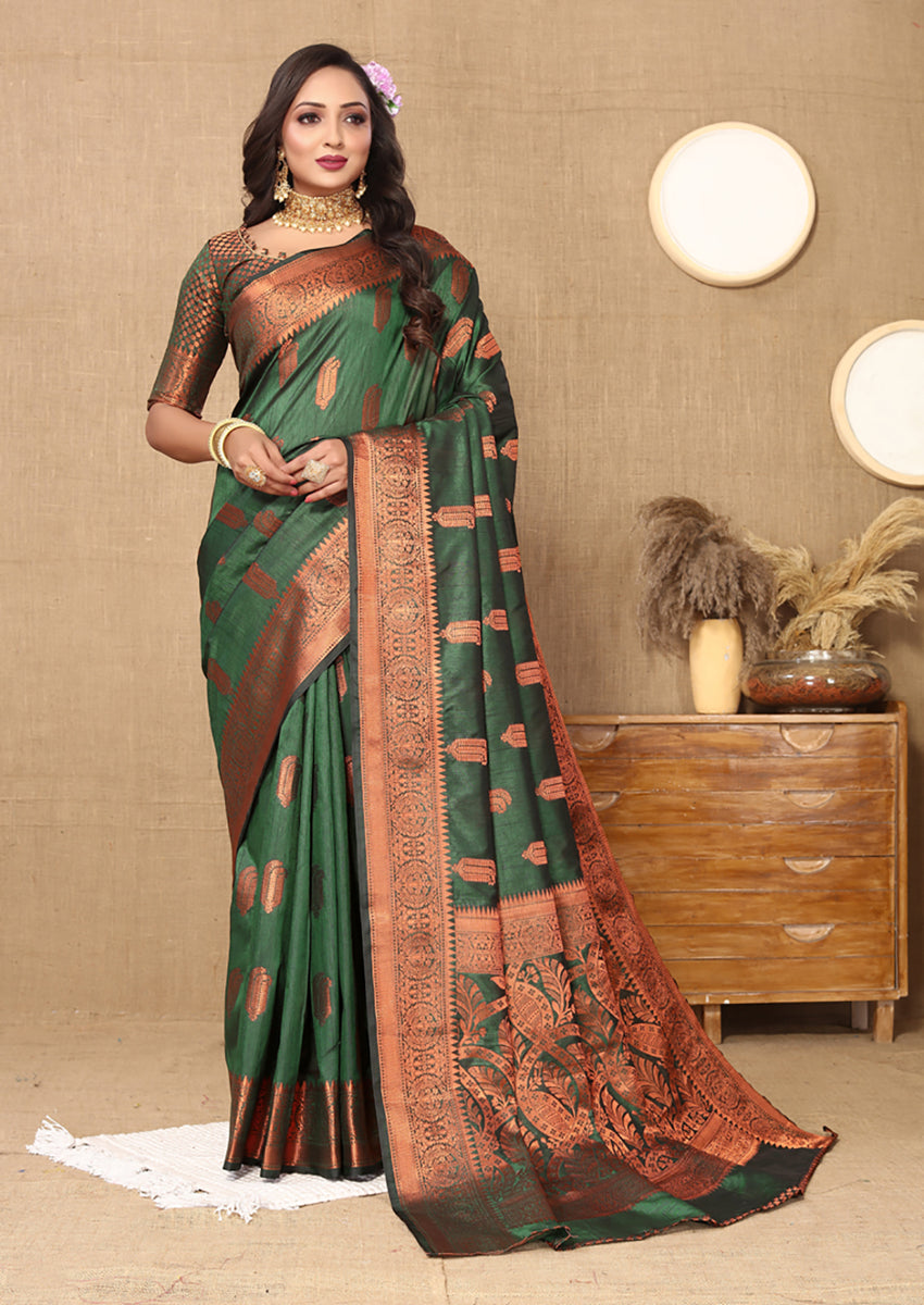 Green Soft Katan Silk Saree with Copper Zari Weaving