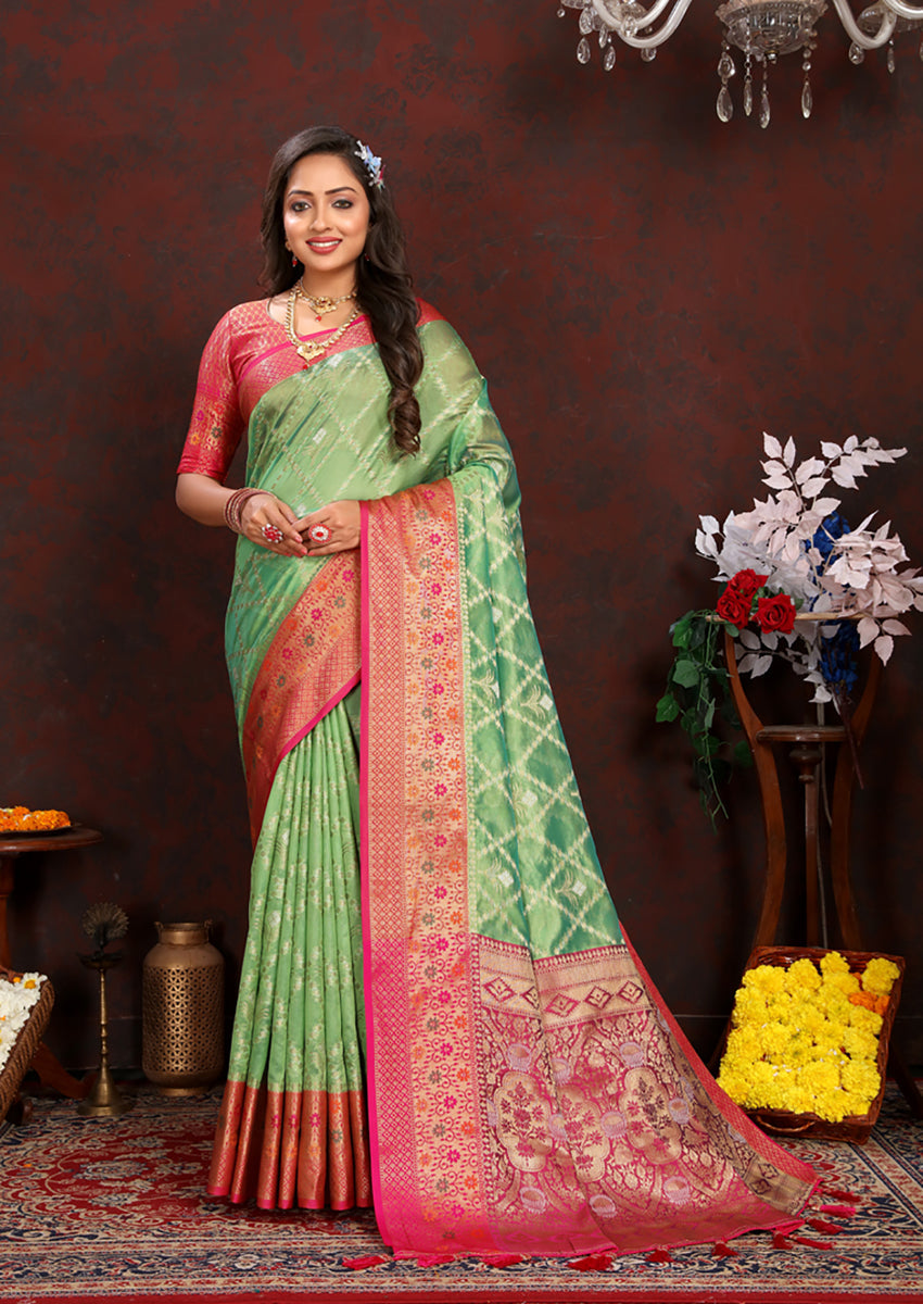 Green Organza Silk Saree with Meenakari Woven Pallu & Silk Blouse