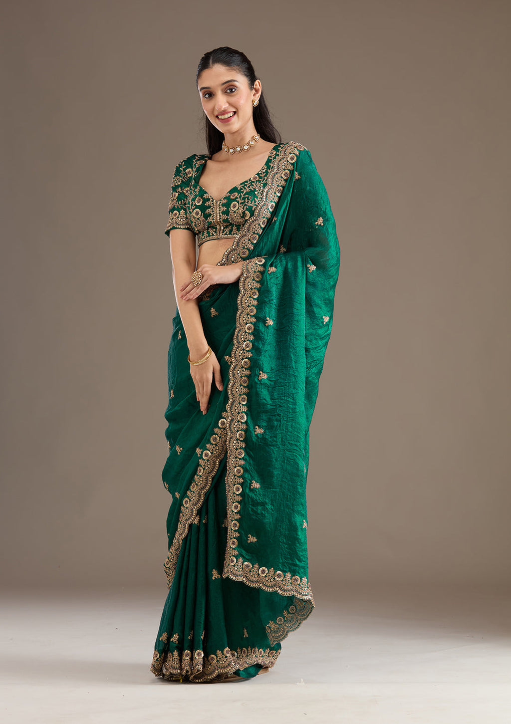 Green Fendi Satin Saree with Heavy Embroidery and Sequence Work