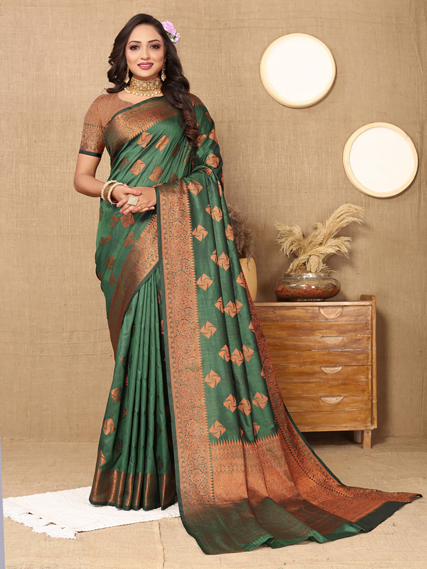Green Soft Katan Silk Saree with Copper Zari Weaving