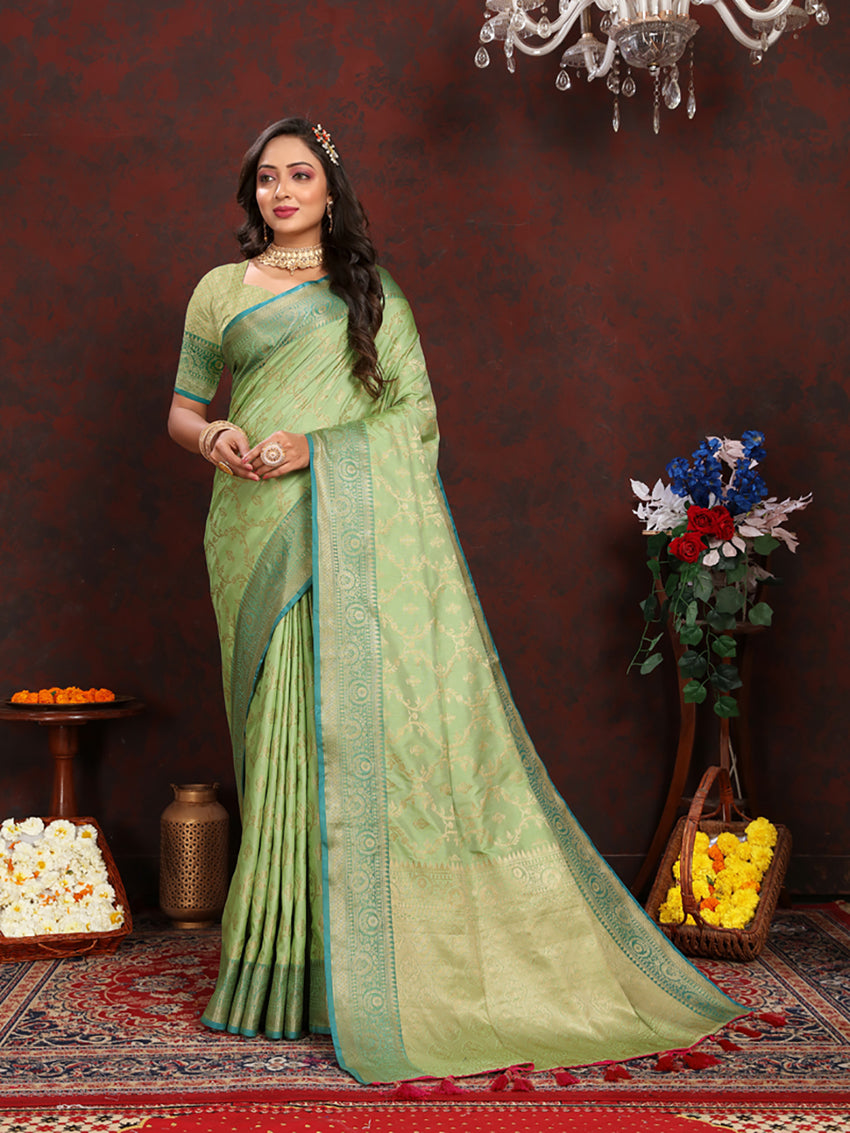 Green Soft Katan Silk Saree with Zari Weaving Pallu