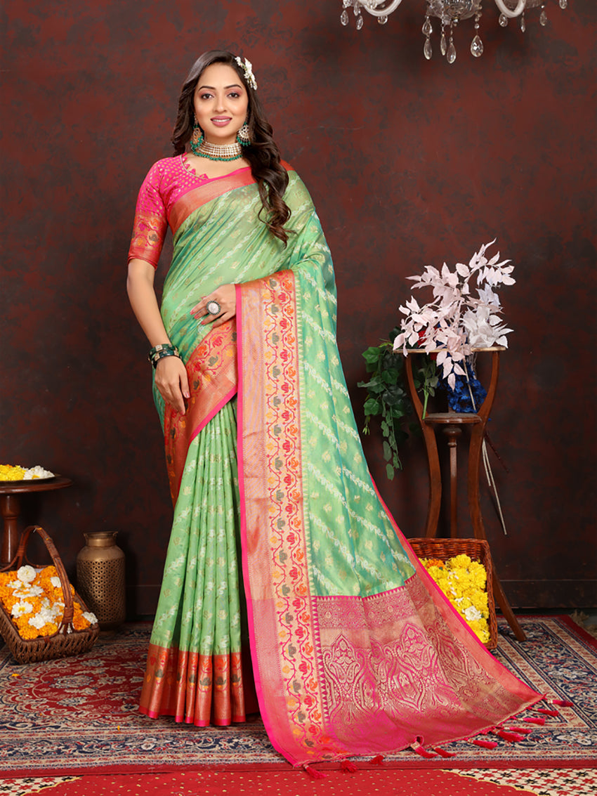 Green Organza Silk Saree with Meenakari Woven Pallu