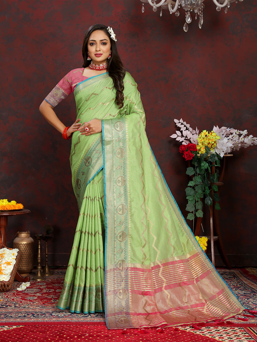 Green Soft Katan Silk Saree with Zari Woven Pallu