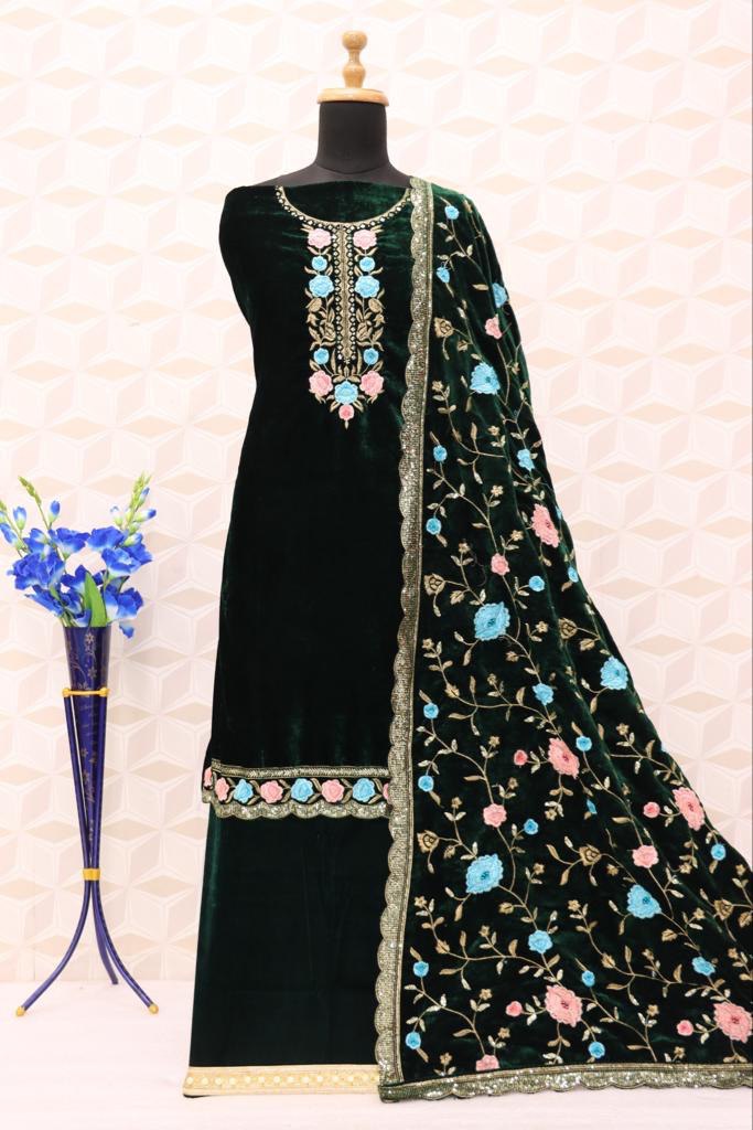 Green Velvet Embroidered Salwar Suit Material with Sequence Work