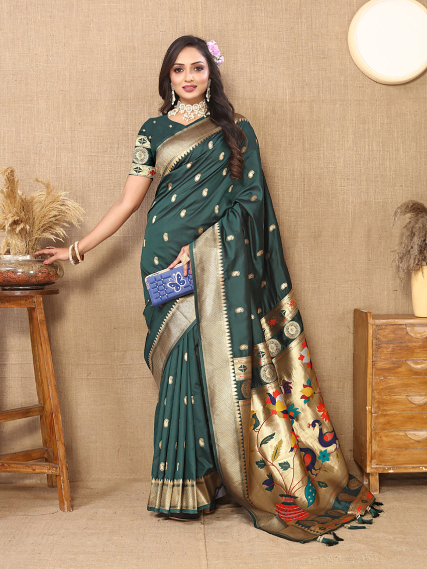 Green Soft Paithani Silk Saree with Rich Zari Meenakari Weaving