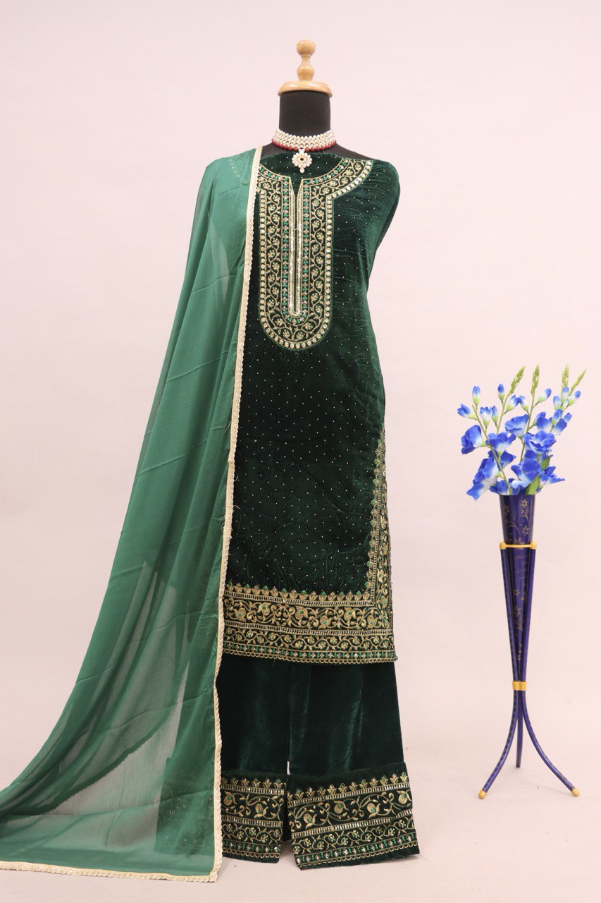 Women Green Velvet Embroidered Unstitched Salwar Suit Material