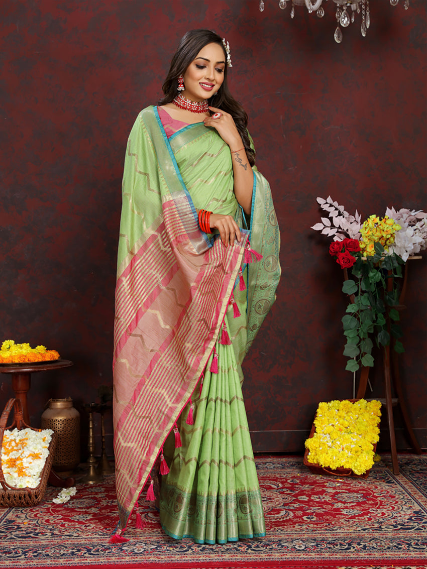 Green Soft Katan Silk Saree with Zari Woven Pallu
