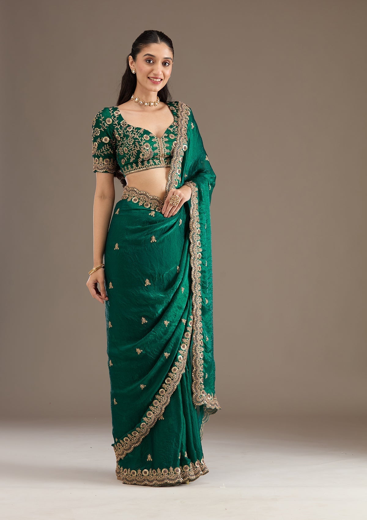 Green Fendi Satin Saree with Heavy Embroidery and Sequence Work
